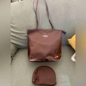 Metro Gear Deep Brown Tote Bag with Matching Cosmetic Pouch. Patent Faux Leather